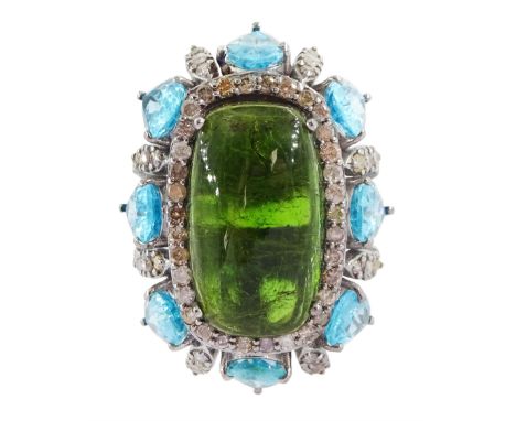 Silver tourmaline, diamond and apatite dress ring, the central cabochon green tourmaline, with round brilliant cut diamond an