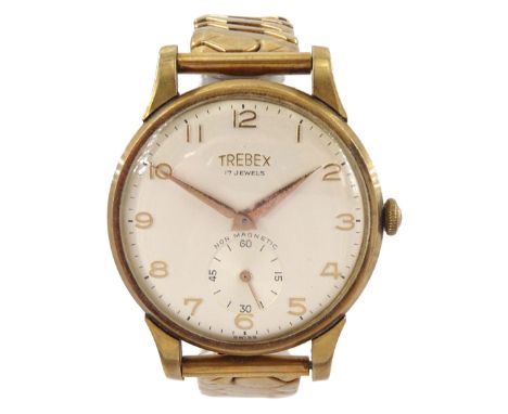 Trebex gentleman's 9ct gold manual wind presentation wristwatch, silvered dial with Arabic hour markers and subsidiary second