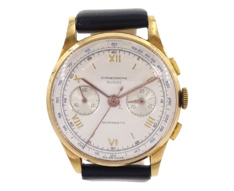 Chronographe Suisse gentleman's 18ct gold manual wind chronograph wristwatch, circa 1950, silvered dial with Roman numerals h