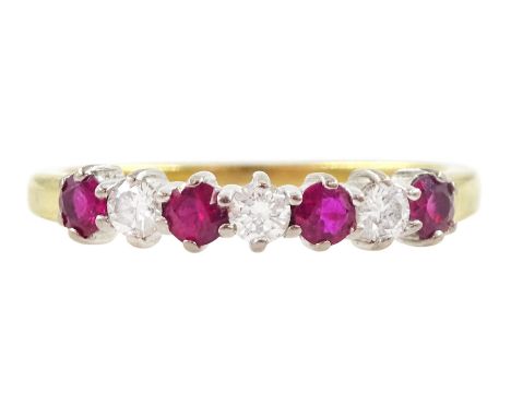 18ct gold seven stone ruby and round brilliant cut diamond half eternity ring, London 2006Condition Report:Approx 2.5gm, size