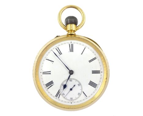 Early 20th century 18ct gold open face Swiss lever pocket watch, white enamel dial with Roman numerals and subsidiary seconds