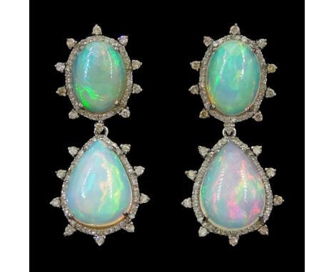 Pair of silver and gold opal and round brilliant cut diamond pendant stud earrings, total opal weight approx 15.35 carat, tot