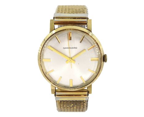 Gerrard gentleman's 9ct gold manual wind wristwatch, silvered dial with baton hour markers, London 1972, on expanding gilt st