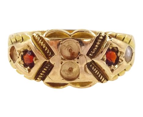 Victorian 15ct gold garnet and split pearl ring, Chester 1897Condition Report:Approx 4.05gm, size O, pearls missing