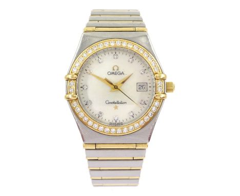 Omega Constellation ladies gold and stainless steel quartz wristwatch, Ref. 796.1201, mother of pearl dial, with diamond dot 