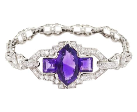 Art Deco platinum amethyst and milgrain set diamond bracelet, the three stone fancy marquise cut and square cut amethyst, wit