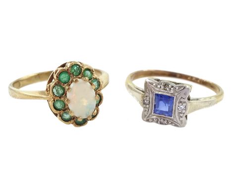 Early 20th century gold sapphire and diamond chip ring, stamped 9ct & Plat and a 9ct gold opal and emerald cluster ring, hall