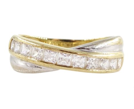 14ct white and yellow gold channel set cubic zirconia crossover ring, hallmarkedCondition Report:Approx 2.65gm, size M, max d