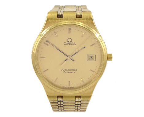 Omega gentleman's gold-plated and stainless steel quartz wristwatch, 196 0235, champagne dial with baton hour markers and dat