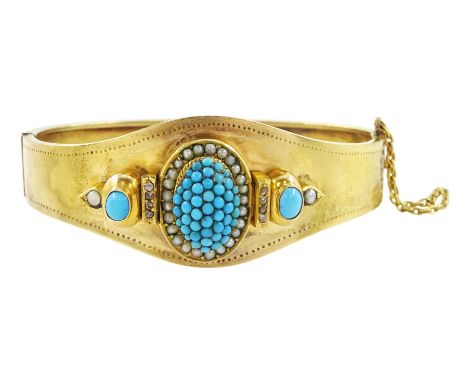 Victorian 18ct gold turquoise, pearl and diamond hinged bangle, the applied central raised oval dome pave set with turquoise 