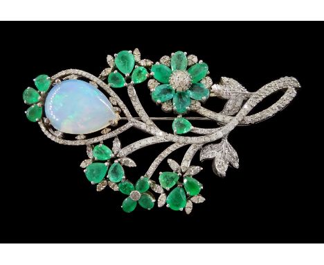 Silver opal, emerald and diamond flower brooch, pear cut opal with pear and oval cut emerald flower heads, diamond set stems 