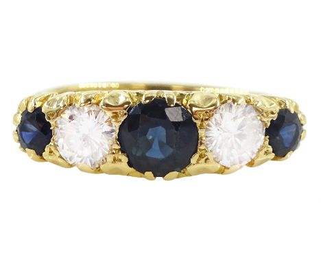 18ct gold five stone sapphire and round brilliant cut diamond ring, Birmingham 1973, total sapphire weight approx 1.00 carat,