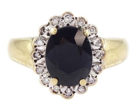 9ct gold oval cut sapphire and round brilliant cut diamond cluster ring, hallmarkedCondition Report:Approx 4.25gm, size P, ov