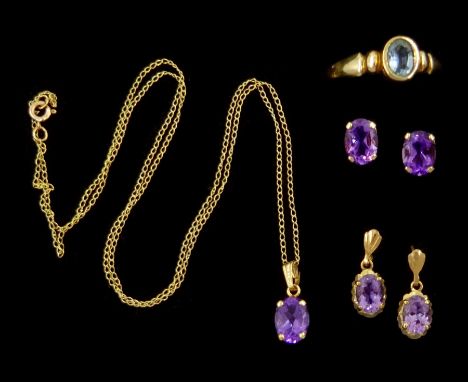 9ct gold jewellery including two pairs of amethyst stud earrings, amethyst pendant necklace and a single stone aquamarine rin