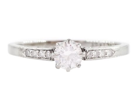 Early 20th century single stone diamond ring, with diamond set shoulders, stamped Plat 18ct, diamond approx 0.25 caratConditi