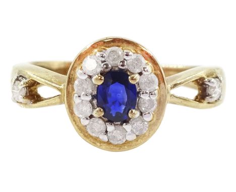 9ct gold oval cut sapphire and round brilliant cut diamond cluster ring, with diamond set shoulders, hallmarkedCondition Repo