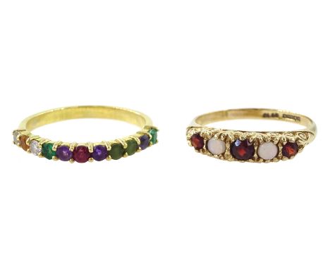 18ct gold multi gemstone set ring including diamond, emerald and sapphire and a 9ct opal and garnet ring, both hallmarkedCond