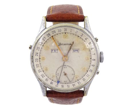 Helvetia gentleman's base metal and stainless steel manual wind calendar wristwatch, silvered dial with Arabic hour markers a