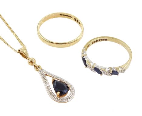 9ct gold jewellery including sapphire and diamond chip pendant necklace, sapphire and diamond chip ring and a wedding bandCon