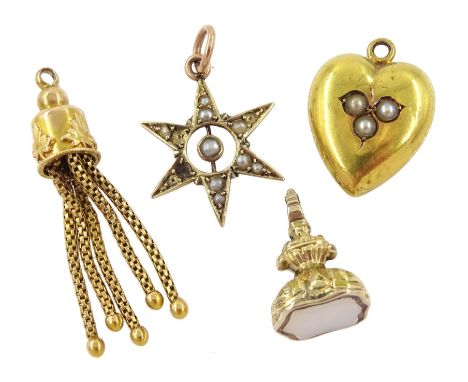 Victorian 15ct gold split pearl heart pendant, gold tassel pendant, 9ct rose gold split seed pearl star pendant and a gold-pl