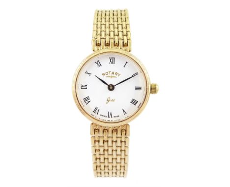 Rotary ladies 9ct gold quartz wristwatch, white dial with Roman numeral hour markers, on integrated 9ct gold bracelet, hallma