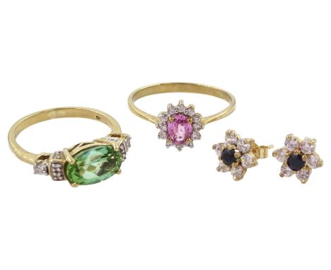 Gold pink sapphire and white topaz cluster ring, gold green tourmaline and diamond chip ring and a pair of gold cubic zirconi