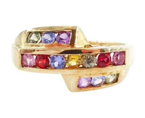 9ct gold channel set rainbow sapphire ring, hallmarkedCondition Report:Approx 3.65gm, size T, good condition