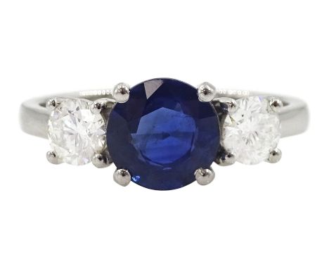 Platinum three stone sapphire and round brilliant cut diamond ring, sapphire approx 1.40 carat, total diamond weight approx 0