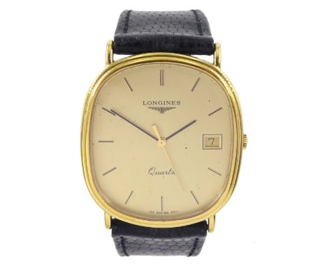 Longines gentleman's gold-plated and stainless steel quartz wristwatch, champagne dial with baton hour markers and date apert