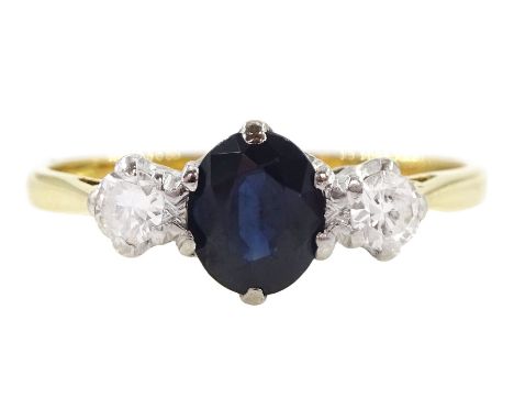 Gold three stone oval cut sapphire and round brilliant cut diamond ring, stamped 18ct, sapphire approx 0.85 carat, total diam