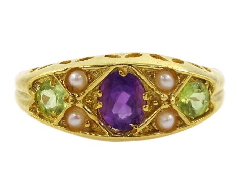 Silver-gilt amethyst, peridot and pearl ring, stamped SilCondition Report:Size O, good condition