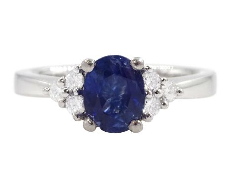 Platinum oval cut sapphire and six stone round brilliant cut diamond ring, hallmarked, sapphire approx 0.90 caratCondition Re