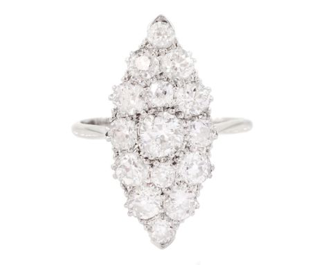 Early 20th century white gold old cut diamond marquise shaped cluster ring, stamped 18ct PT, total diamond weight approx 2.25