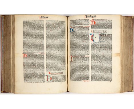 Biblia latina. Venedig: Johann Herbort aus Seligenstadt 30.IV.1484. 22,5 x 16,5 cm. 408 Bll. Lagen: a⁸, b⁸, c¹², d-g⁸, hi¹², 
