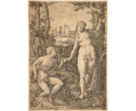 LUCAS VAN LEYDENDer Sündenfall 1529Kupferstich auf Bütten. Blatt 3 (von 6) der Folge „Die Geschichte von Adam und Eva“. 16,4 