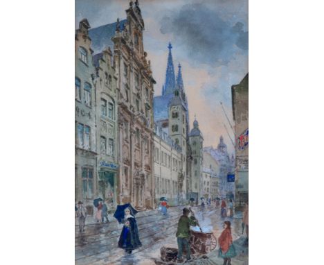 CARL RÜDELLMarzellenstraße in Köln / Straßenansicht aus Köln (Am Holzbüchel)2 Blatt Aquarell und Deckweiß auf bräunlichem Büt