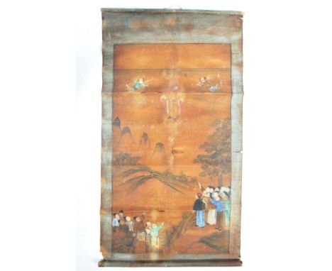 An antique 18th / 19th Century Chinese hand painted silk painting scroll depicting an elder / immortal descending from the he