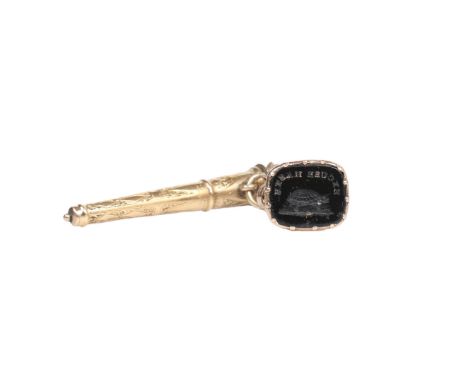 GEORGIAN INTAGLIO SEAL FOB WITH NEEDLE CASE (2). A Georgian intaglio seal fob pendant set with an onyx base carved with a tur