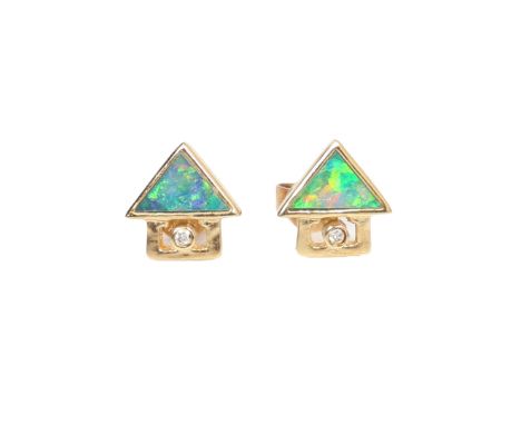 A PAIR OF BLACK OPAL DOUBLET AND DIAMOND STUD EARRINGS. Each pair consisting of one triangular cut opal measuring approx. 6 x
