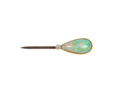 AN ANTIQUE OPAL AND DIAMOND STICK PIN. One pear shaped opal cabochon measuring 13.5x 6.5mm. Set with one old cut diamond appr