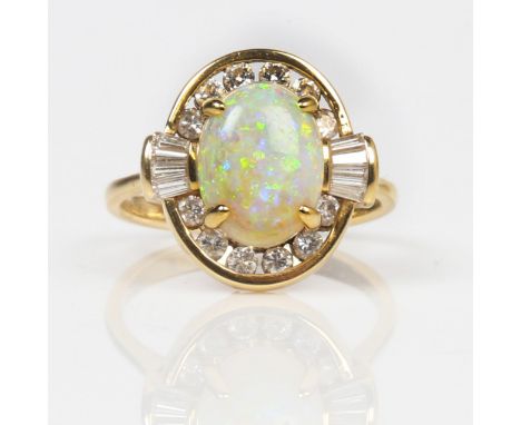 18CT GOLD OPAL AND DIAMOND CLUSTER RING. One opal cabochon approx. 2.40ct. Opal measures 11.6 x 8.8mm. Flanked with tapered b