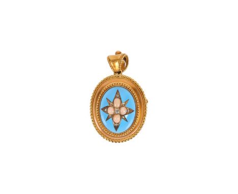 MID-VICTORIAN MOURNING PENDANT/ BROOCH. A central blue enamel dome set with a diamond and coral star motif. Four variously si