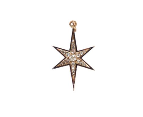 VICTORIAN CELESTIAL DIAMOND PENDANT. Late Victorian circa 1880. A six rayed star pendant set with twenty-one diamonds. A prin