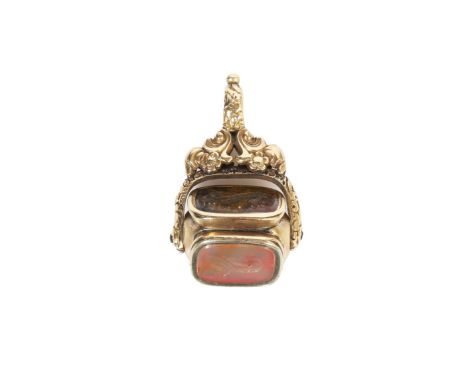 GEORGIAN INTAGLIO SWIVEL FOB PENDANT. Set with three seal intaglios. A jasper seal intaglio carved with a French motto in a s