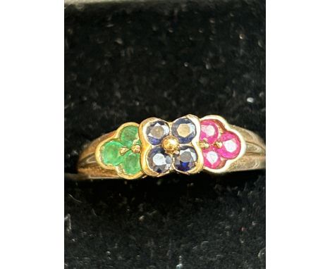 9ct Gold ring set with multi coloured gem stones 2.8g Size U 