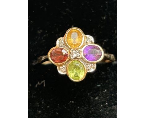 9ct Gold ring set with multi coloured gem stones &amp; diamonds 2.7g Size S 