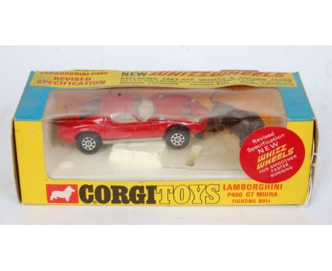 A Corgi Toys No. 342 Lamborghini P400 GT Maura comprising red body with white interior, together with bull figurine, housed i