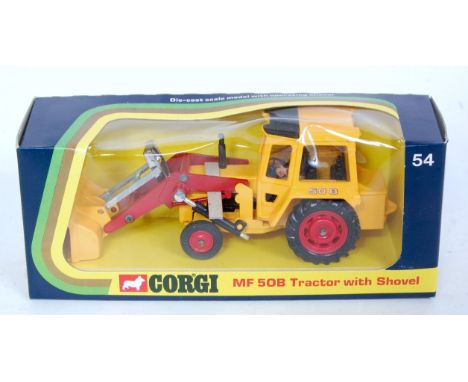 A Corgi Toys No. 54 Massey Ferguson 50B tractor with shovel comprising yellow and red body with yellow shovel, in the origina