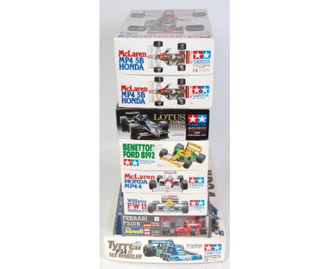 Eight various boxed as issued Revell and Tamiya mixed scale F1 racing car kits to include a Tamiya 1/12 scale Tyrrell P34 6-w