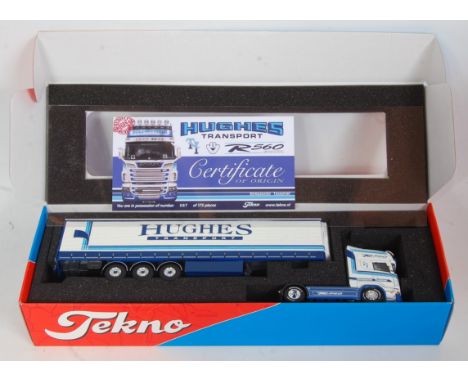 A Tekno 1/50 scale model of a Hughes Transport Scania R560 tractor unit with refrigerator trailer, appears as issued in the o